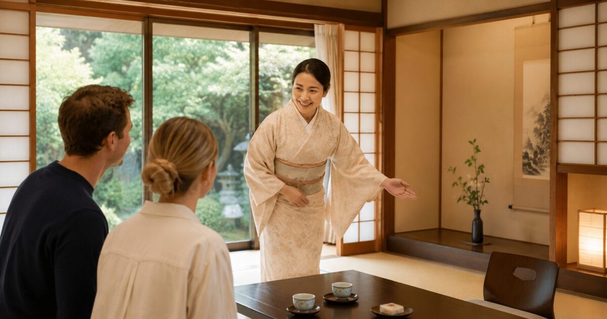 A staff member in traditional attire guiding foreign guests to their room at a Japanese ryokan.