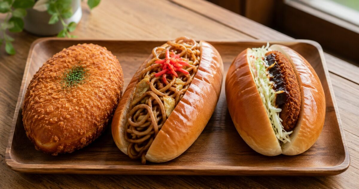 A wooden tray with three popular Japanese savory breads: curry bread, yakisoba bread, and croquette bread.