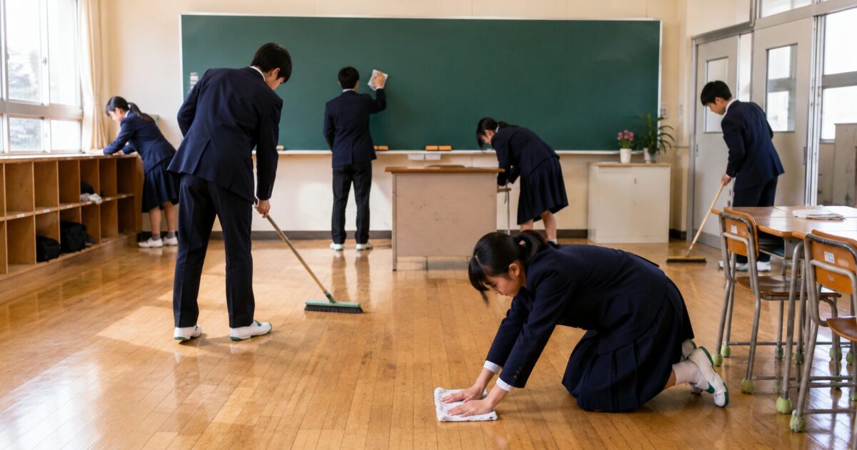 Japanese students cleaning their classroom together during the daily school cleaning period.