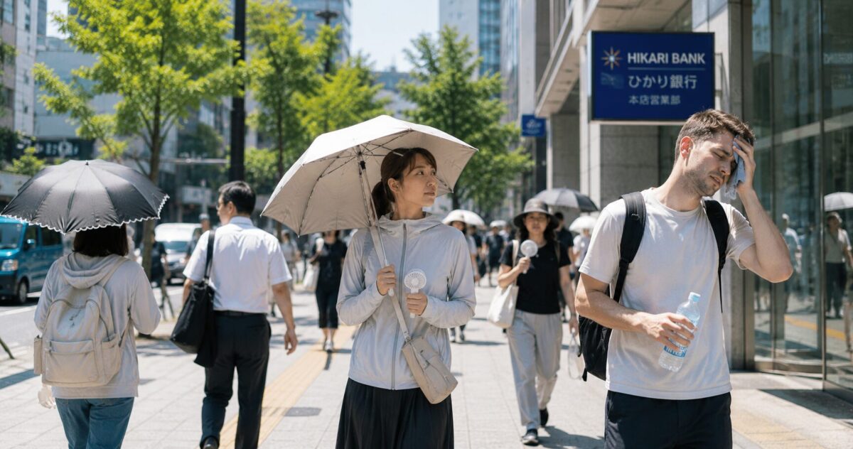 People in Japan wearing lightweight functional clothing and carrying parasols on a hot summer day