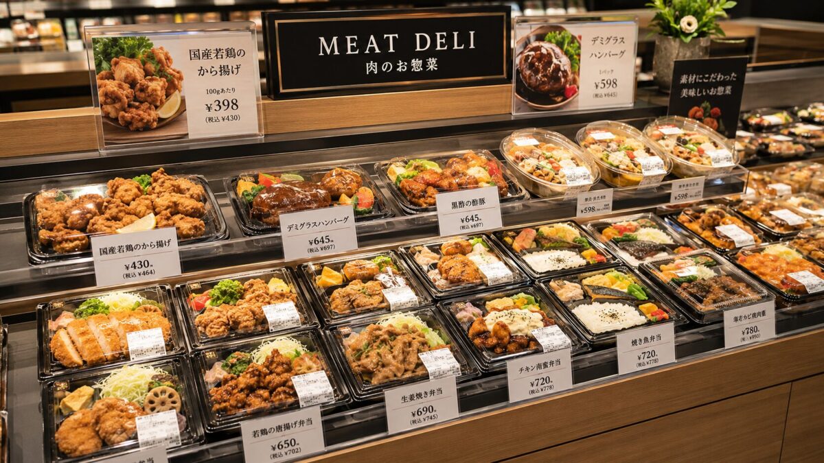 A Japanese supermarket deli counter with a variety of ready-made meals and side dishes.