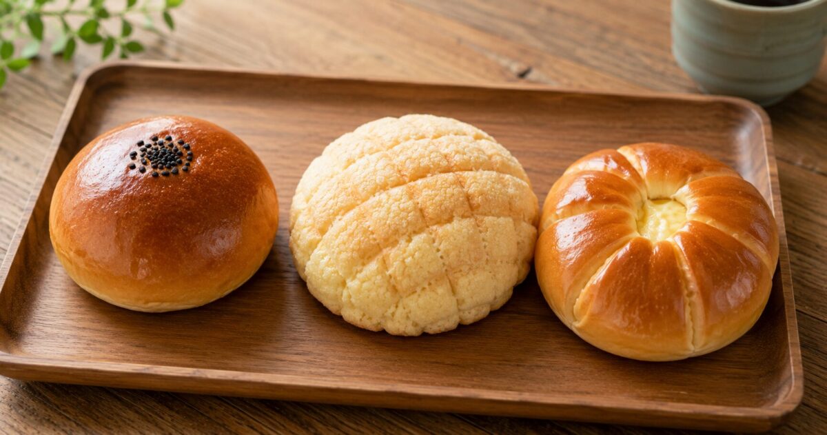 Anpan, melon pan, and cream pan arranged on a wooden tray at a Japanese bakery.
