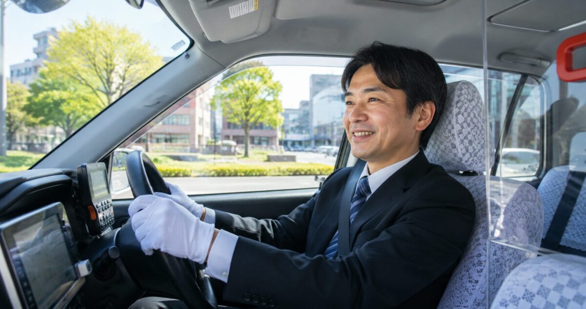 A Japanese taxi driver wearing white gloves inside a clean and well-maintained taxi.