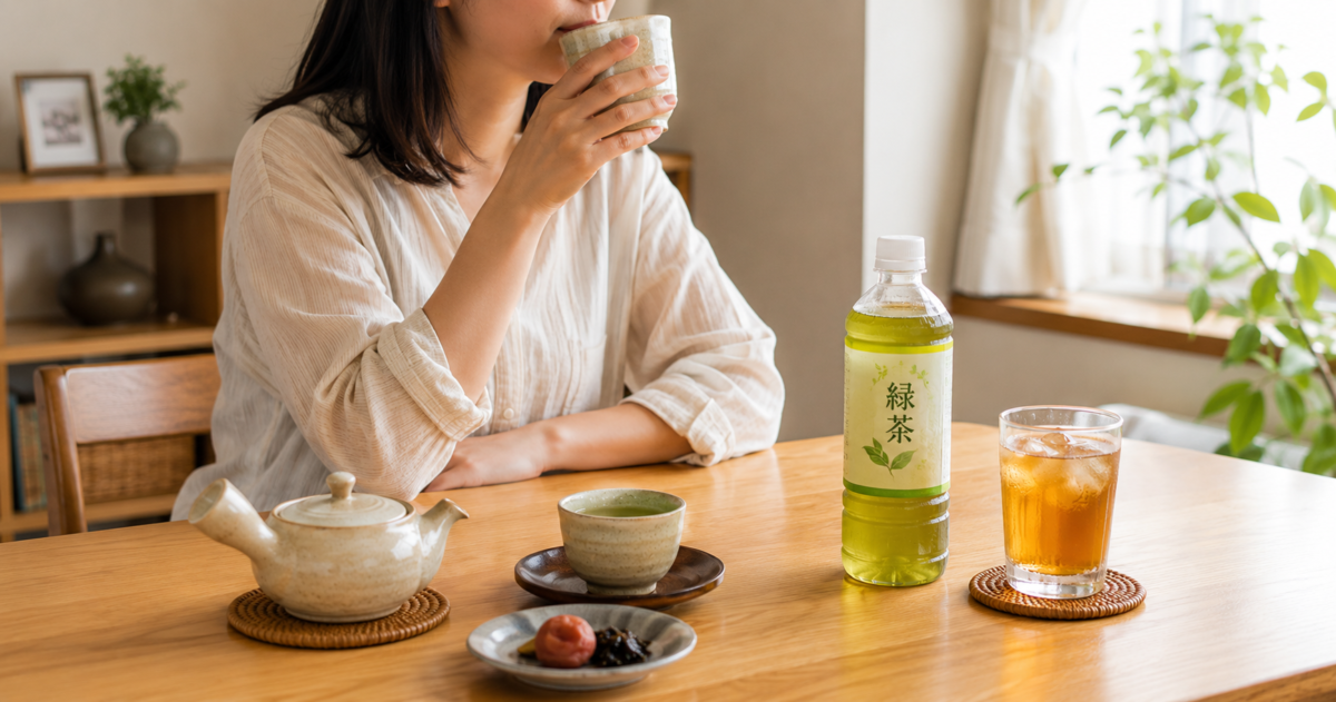A Japanese table with a teapot and tea cup beside bottled green tea and a glass of cold mugicha