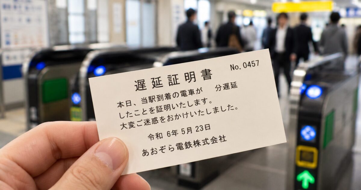 Close-up of a Japanese train delay certificate at a railway station ticket gate.
