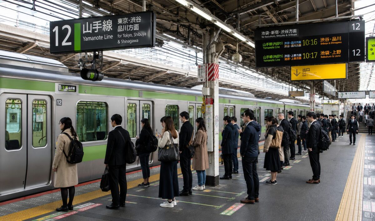 A busy Japanese railway station platform with commuters waiting in organized lines beside a local train.