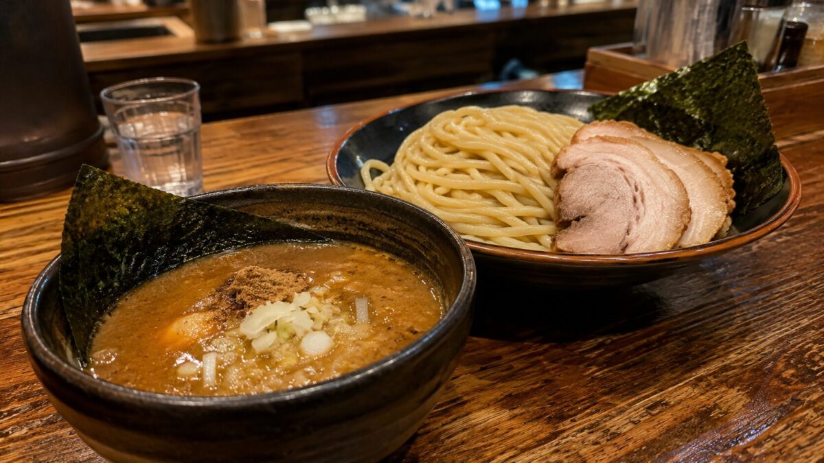 A bowl of tsukemen with thick noodles, rich dipping broth, seaweed, and slices of chashu served at a counter seat in a specialty shop.