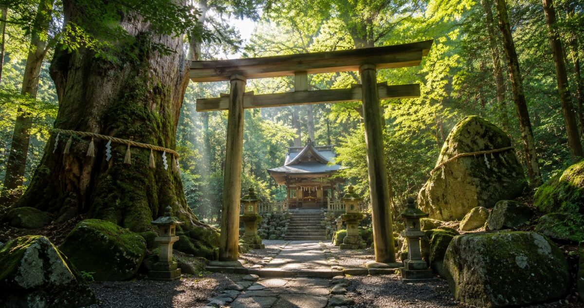 A quiet Japanese shrine surrounded by sacred trees, rocks, and forest