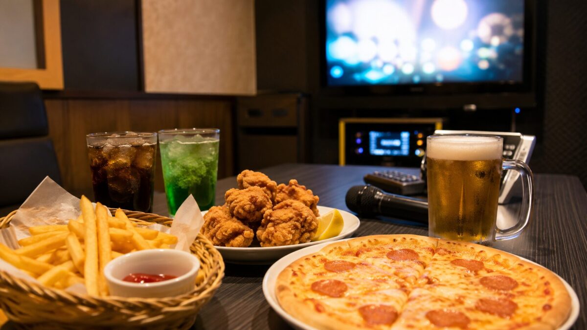 French fries, karaage, pizza, soft drinks, and beer on a table inside a Japanese karaoke room