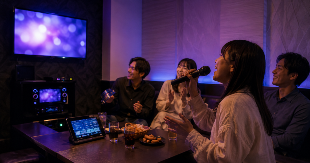 Friends singing together in a private karaoke room in Japan