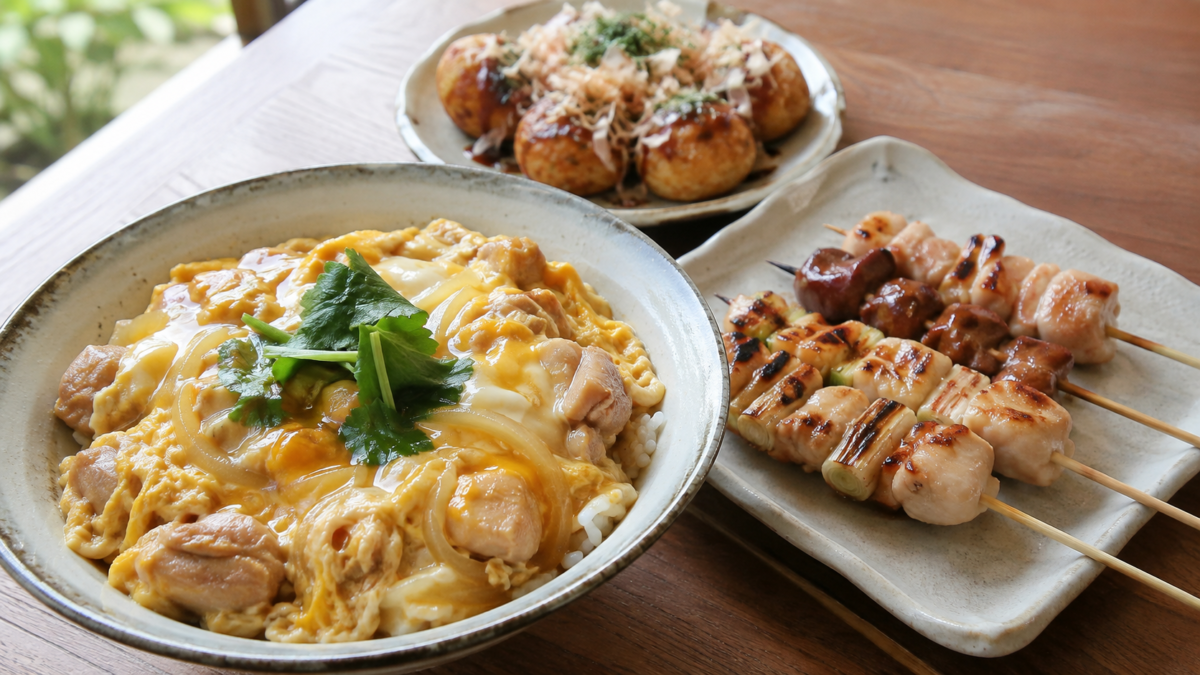 Oyakodon, takoyaki, yakitori, katsudon and tsukemen arranged as examples of literal Japanese food names