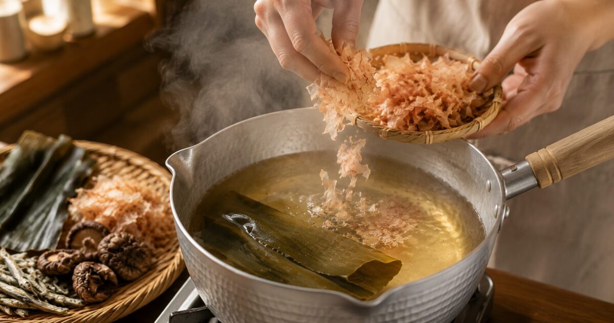 Preparing traditional Japanese dashi in a pot.