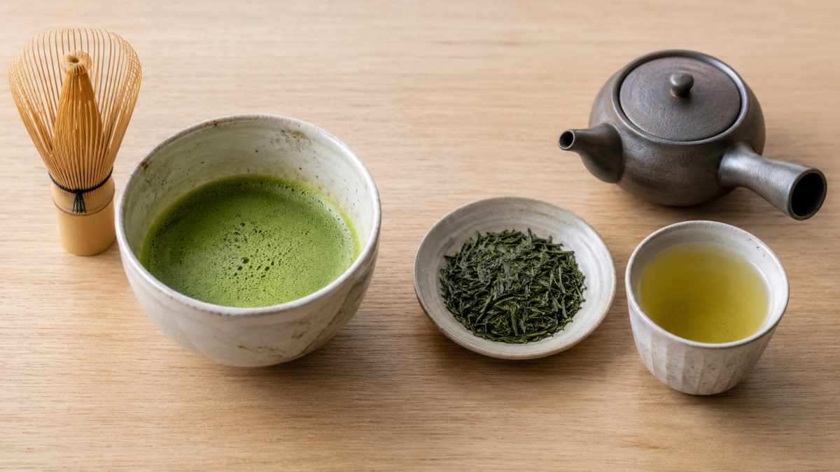 A bowl of whisked matcha beside loose sencha tea leaves and brewed green tea