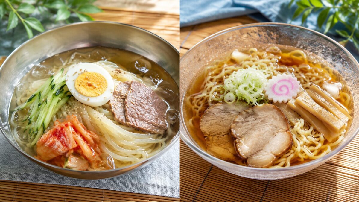 A side-by-side comparison of Morioka reimen with chilled translucent noodles and Yamagata cold ramen topped with chashu, green onions, and menma.