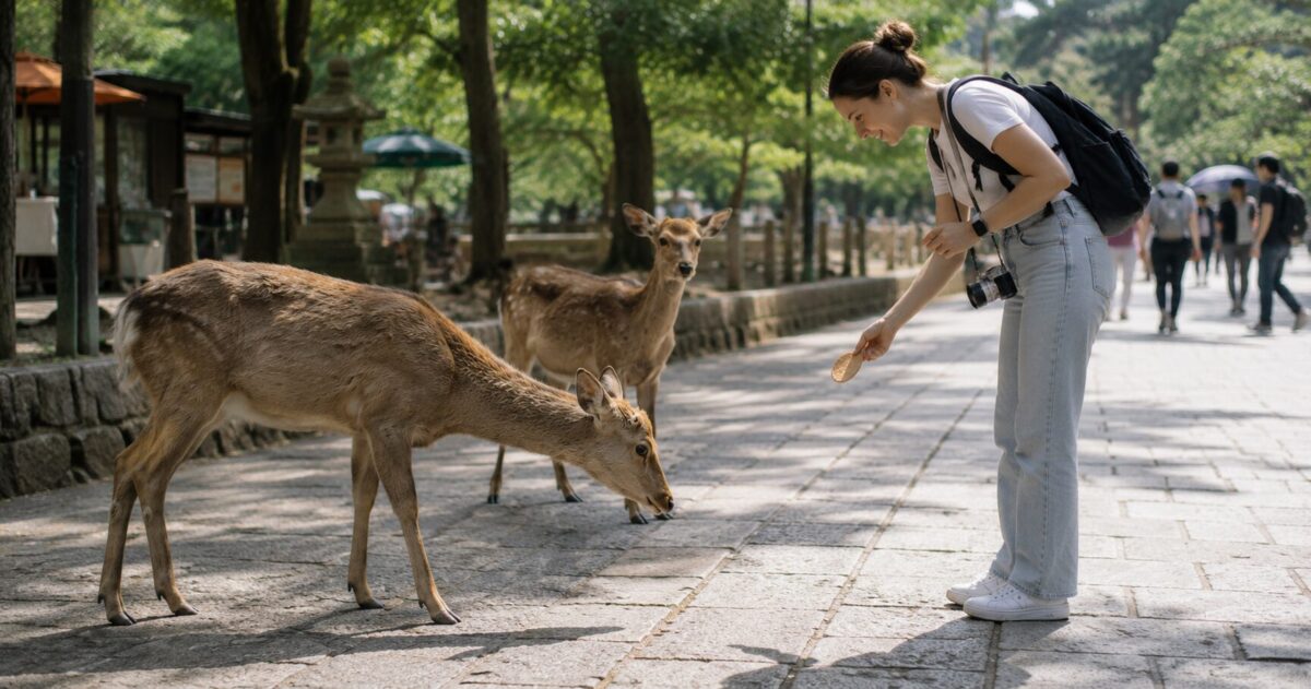 A Nara deer bowing in front of a person holding a deer cracker