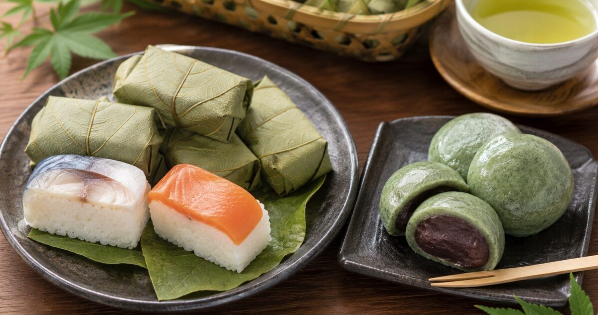 Traditional Nara kakinoha zushi and yomogi mochi served with green tea