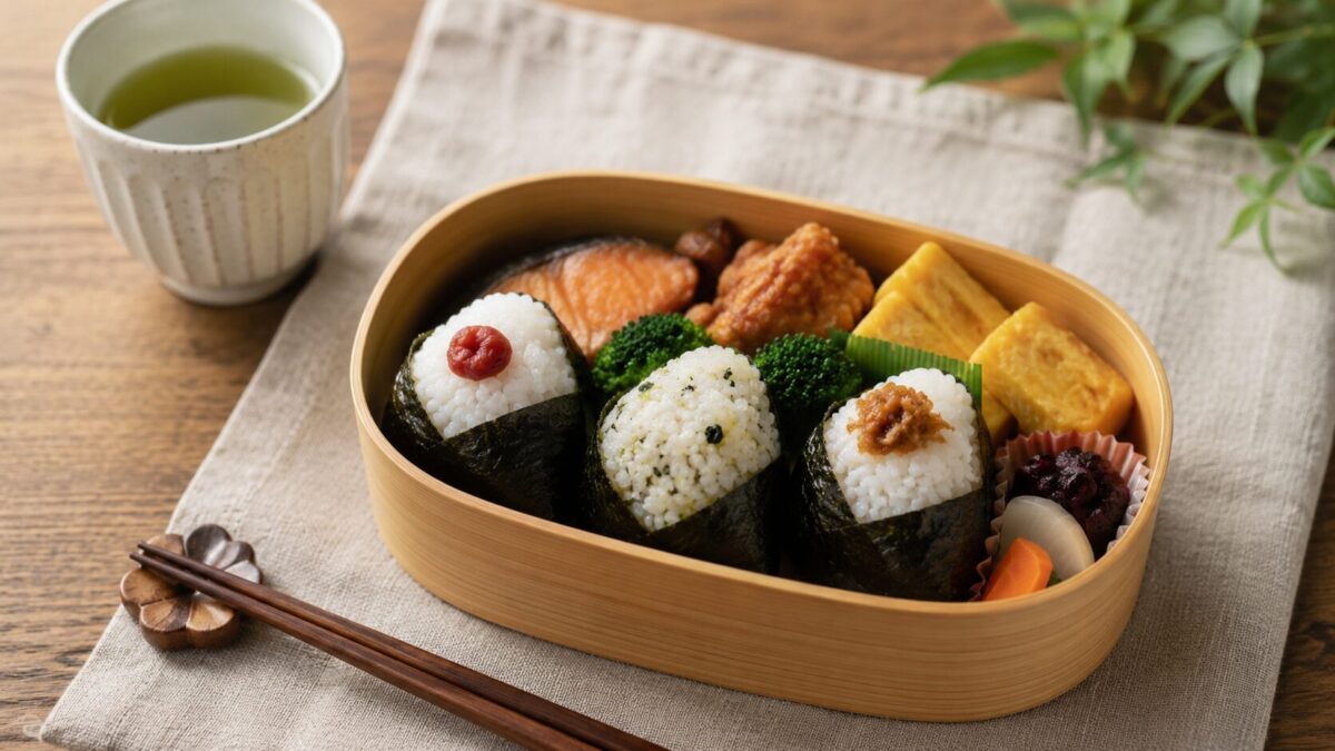 Onigiri served in a Japanese bento with simple side dishes
