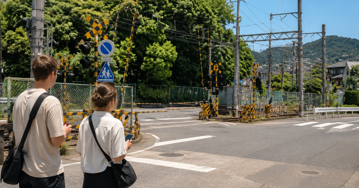 A quiet Japanese railway crossing and residential street viewed by visitors interested in anime locations