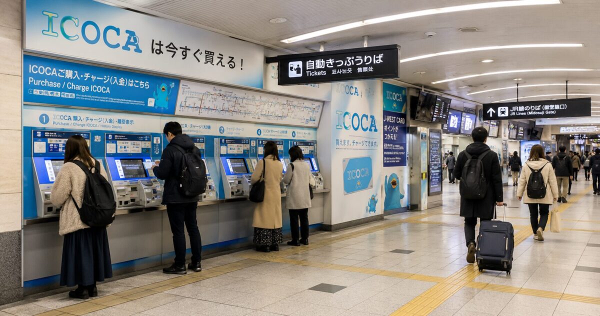 People purchasing and recharging ICOCA transportation IC cards at ticket machines inside Osaka Station