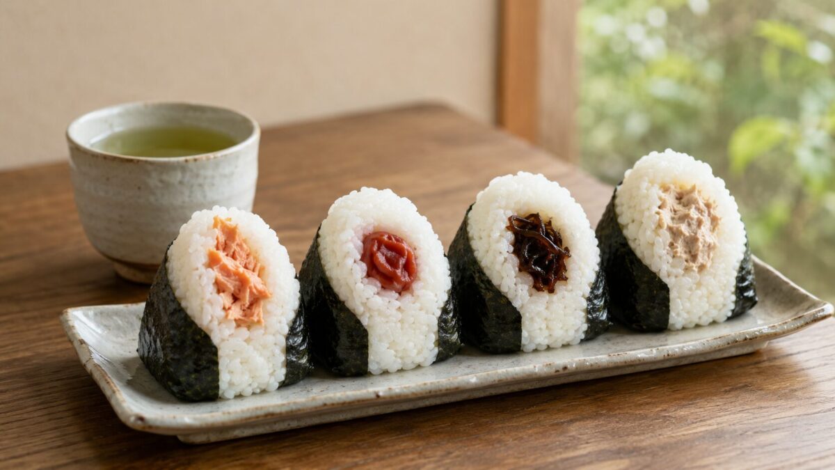 Japanese onigiri with salmon, pickled plum, kombu, and tuna mayonnaise fillings