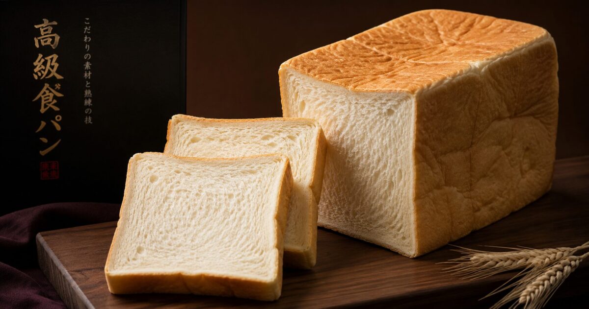 A loaf of premium Japanese shokupan with thick slices, showcasing its soft, fluffy texture on a wooden table.