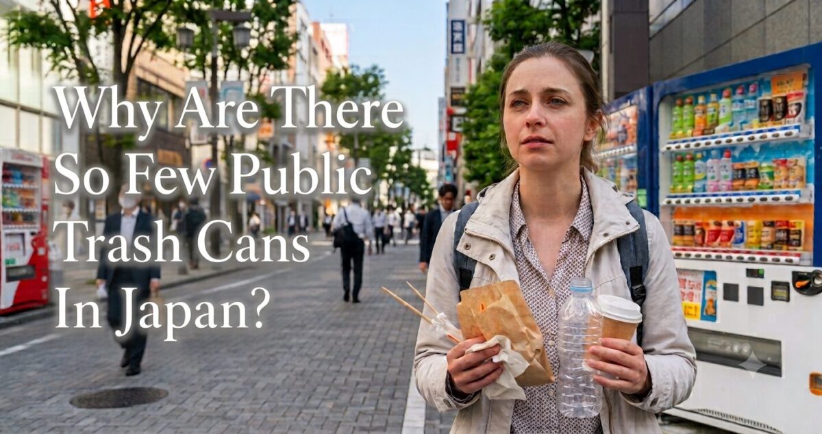 A perplexed foreign tourist holding empty plastic bottles and street food trash on a clean street in Japan with vending machines, featuring the text "Why Are There So Few Public Trash Cans in Japan?
