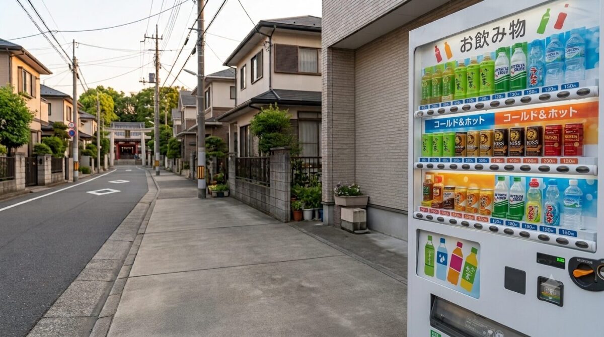 A single white beverage vending machine standing quietly on a clean, peaceful residential street in Japan, with modern houses and a traditional Shinto shrine gate visible in the distant background under a soft evening sky