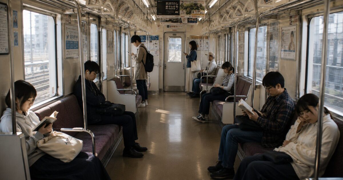 Passengers quietly reading, resting, and using smartphones inside a Japanese commuter train.