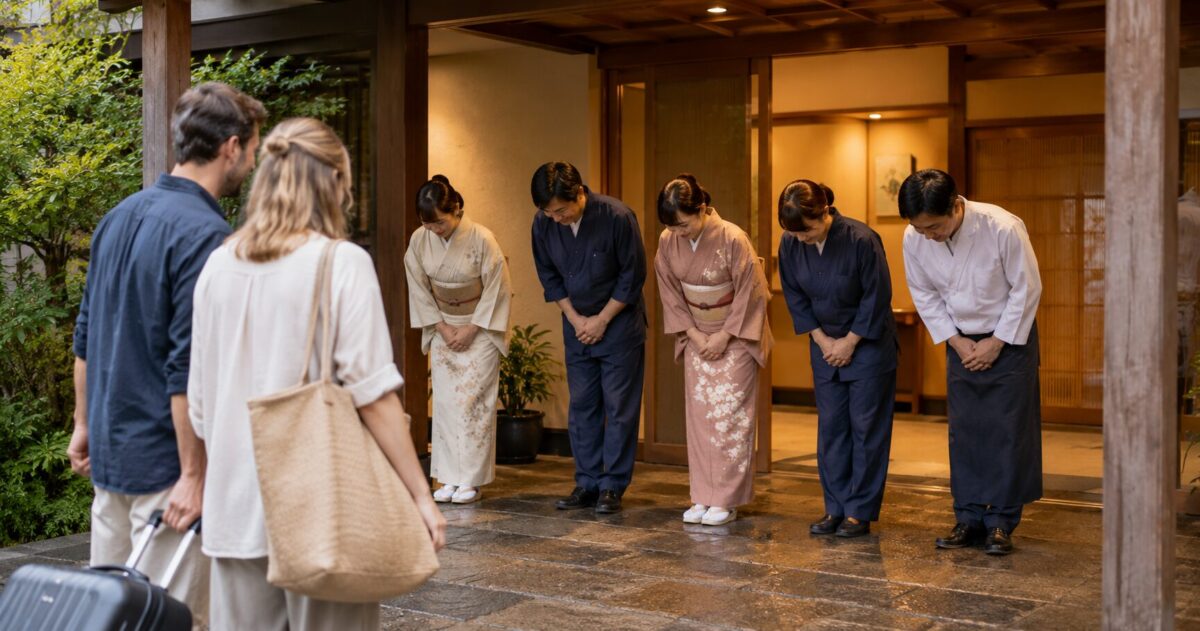 Ryokan staff welcoming foreign guests with a bow at the entrance of a traditional Japanese inn.