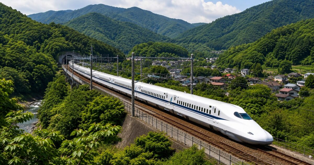 A Sanyo Shinkansen train traveling through a green mountain valley in western Japan.