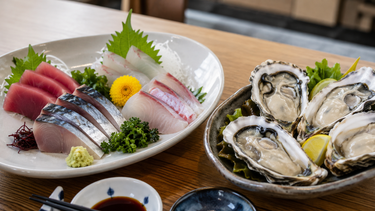 Japanese sashimi and raw oysters served on a clean restaurant table