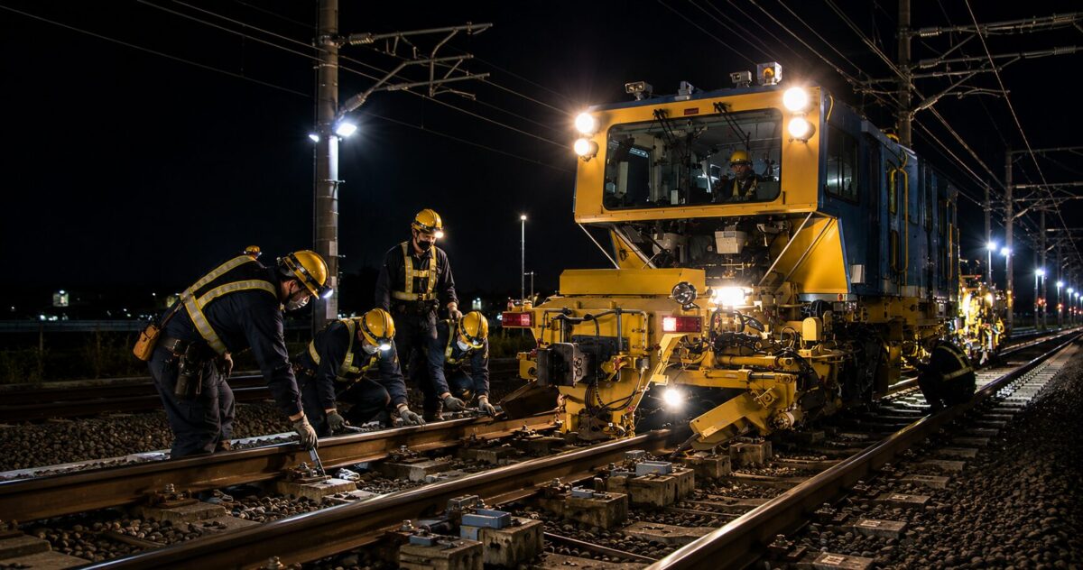 Railway workers carrying out overnight maintenance on Shinkansen tracks using a specialized maintenance vehicle.