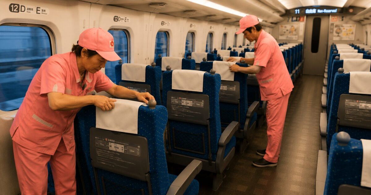 Cleaning staff replacing headrest covers inside a Shinkansen train before passengers board.