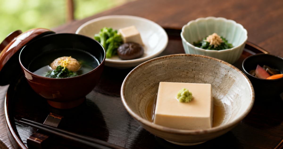 A traditional Japanese shojin ryori meal centered on tofu and seasonal vegetables