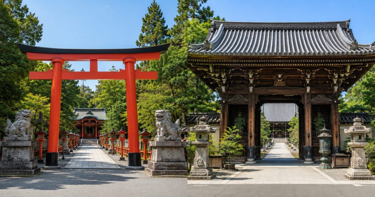 A comparison of a Japanese shrine entrance with a torii gate and a Buddhist temple entrance with a large wooden gate