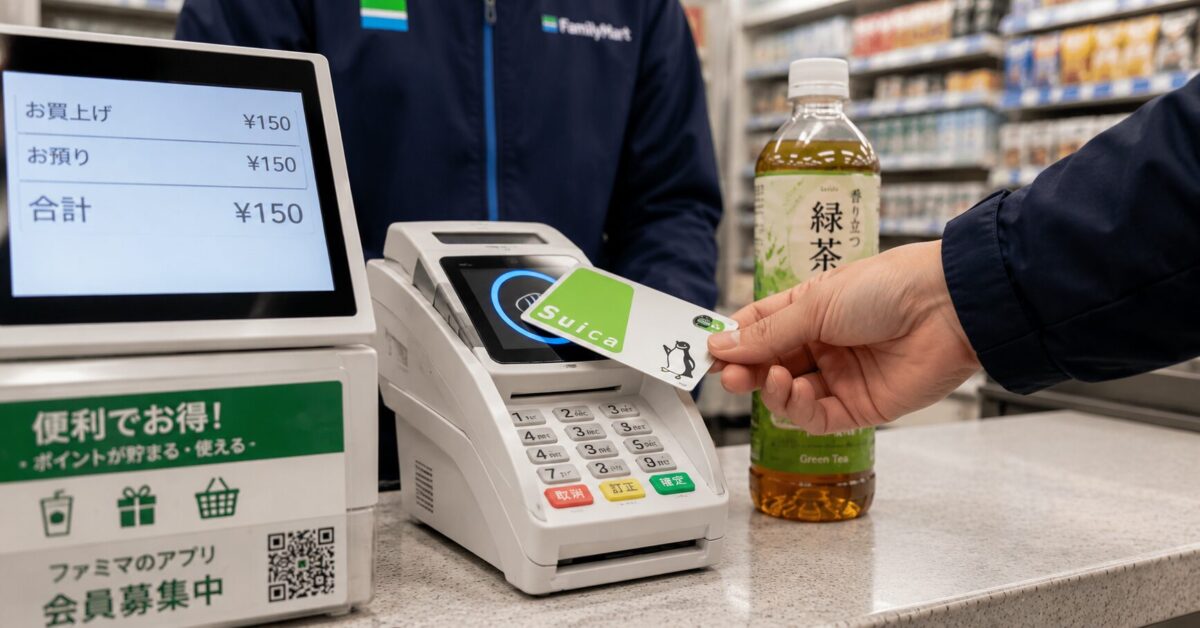 A customer paying for a bottled drink with a Suica transportation IC card at a Japanese convenience store