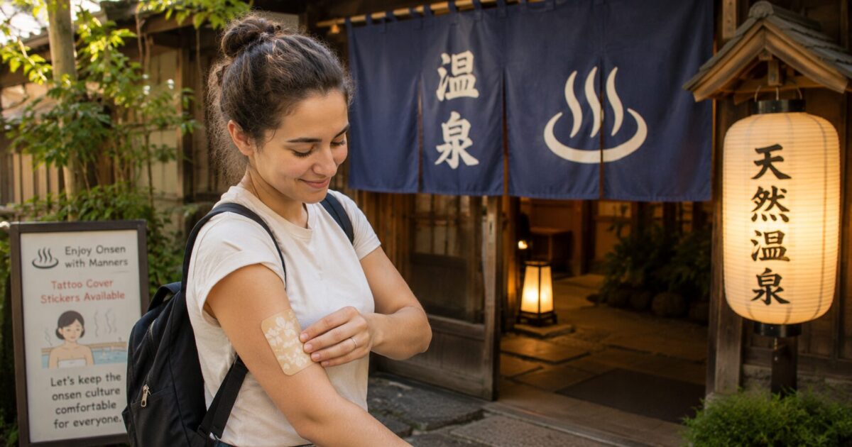 A foreign traveler applying a tattoo cover sticker before entering a traditional Japanese hot spring.