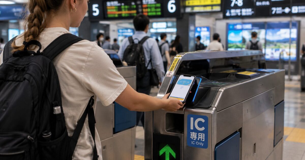 A foreign tourist using Apple Wallet with a transportation IC card at a Japanese train station ticket gate