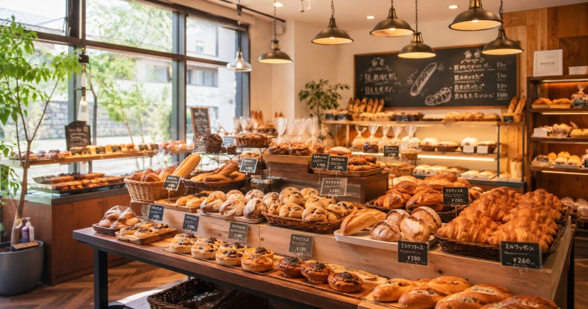 Interior of a traditional Japanese bakery with shelves filled with freshly baked breads and pastries.