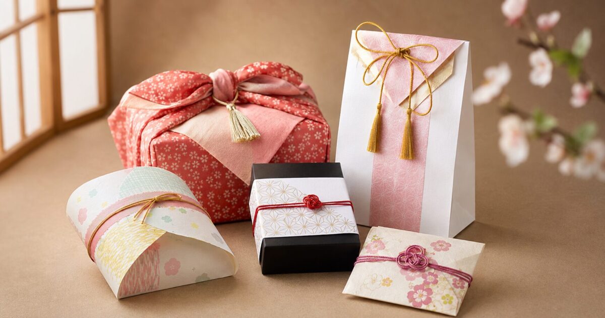 Five beautifully decorated Japanese gift boxes and bags on a wooden shelf, featuring traditional patterns like ichimatsu checkered and seigaiha wave motifs, adorned with elegant ribbons, cords, and tassels against a vibrant red background.