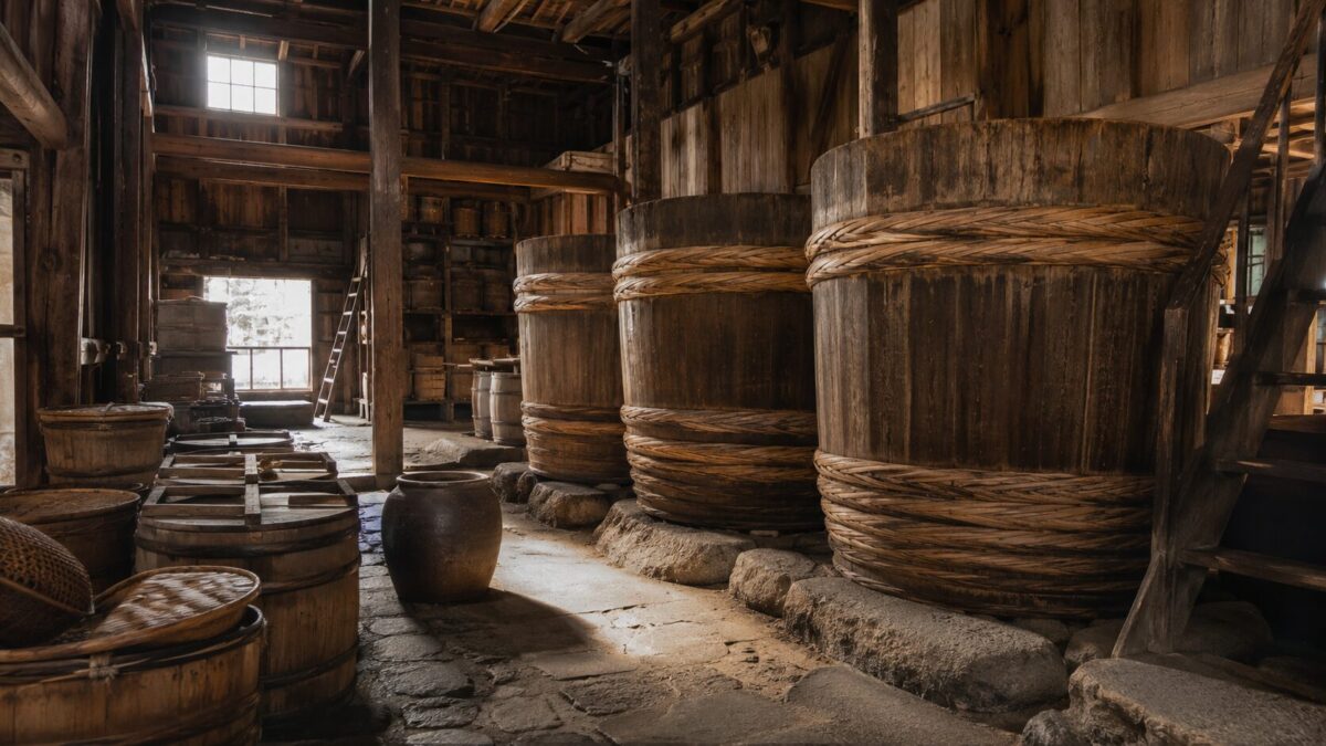 Large wooden fermentation vats inside a traditional Japanese miso and soy sauce brewery