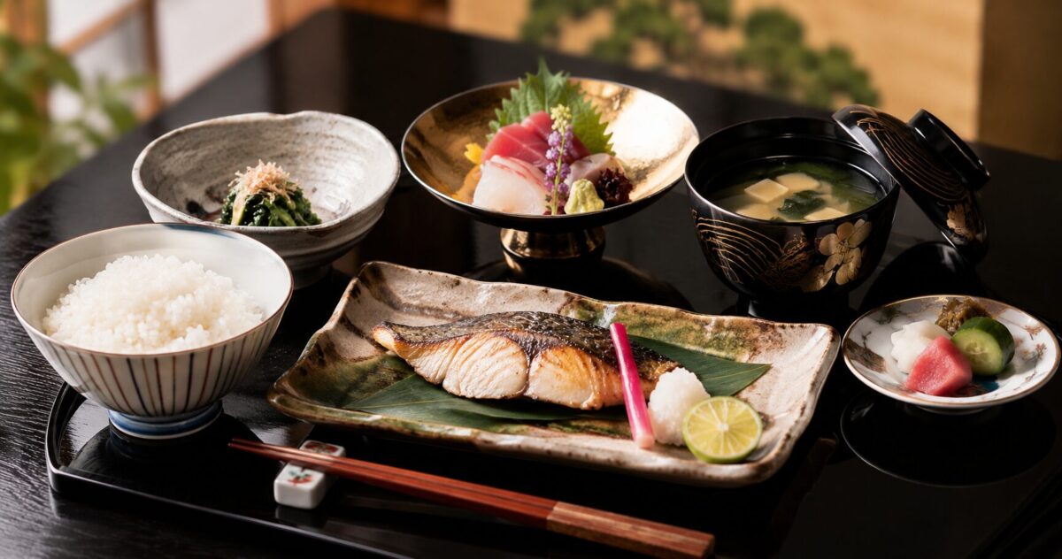 A traditional Japanese washoku meal with grilled fish, rice, miso soup, sashimi, and seasonal side dishes.