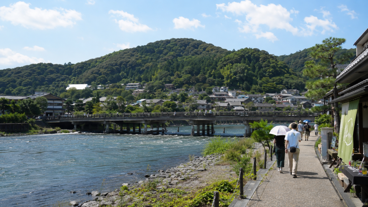 Visitors walking beside the Uji River in Kyoto with traditional streets and tea shops nearby
