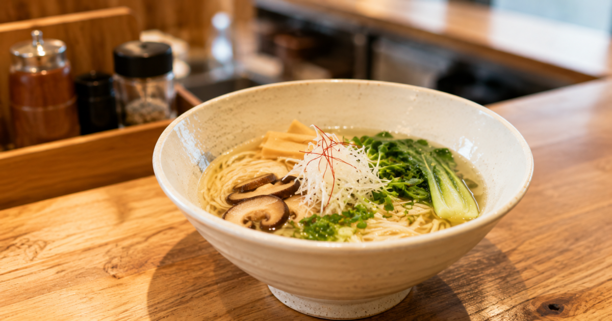 A bowl of plant-based ramen served at a modern Japanese restaurant