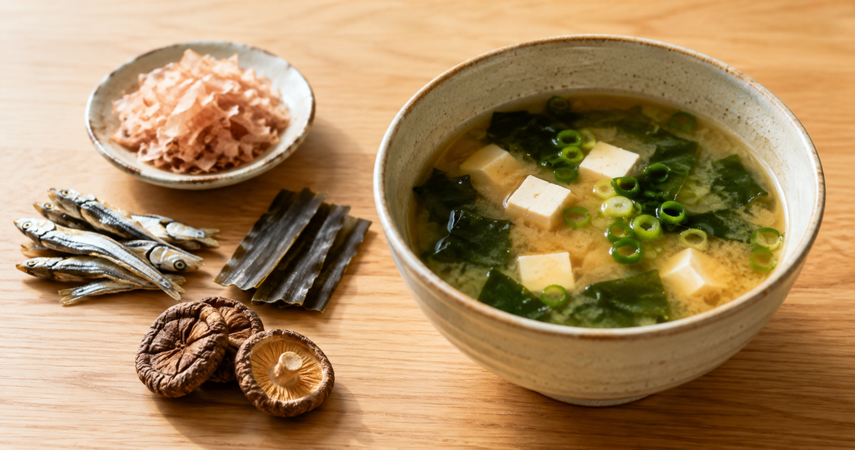 A bowl of Japanese miso soup with tofu, wakame and green onion beside bonito flakes, dried sardines, kombu and dried shiitake mushrooms