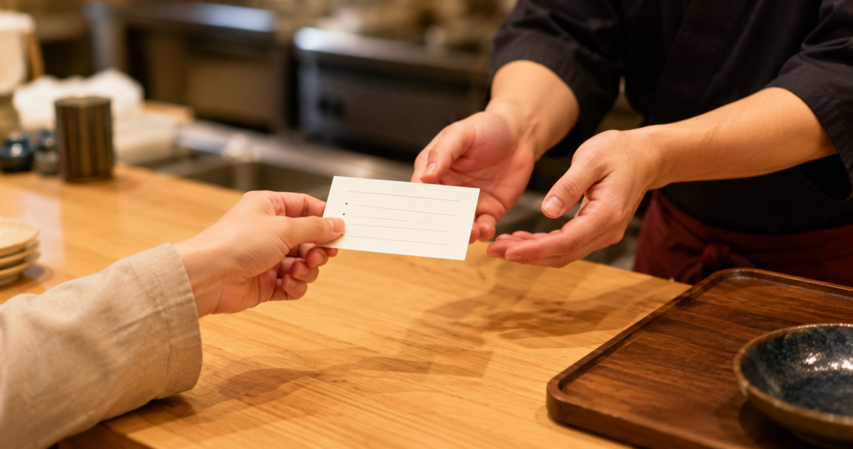 A traveler showing a dietary requirement card to restaurant staff in Japan