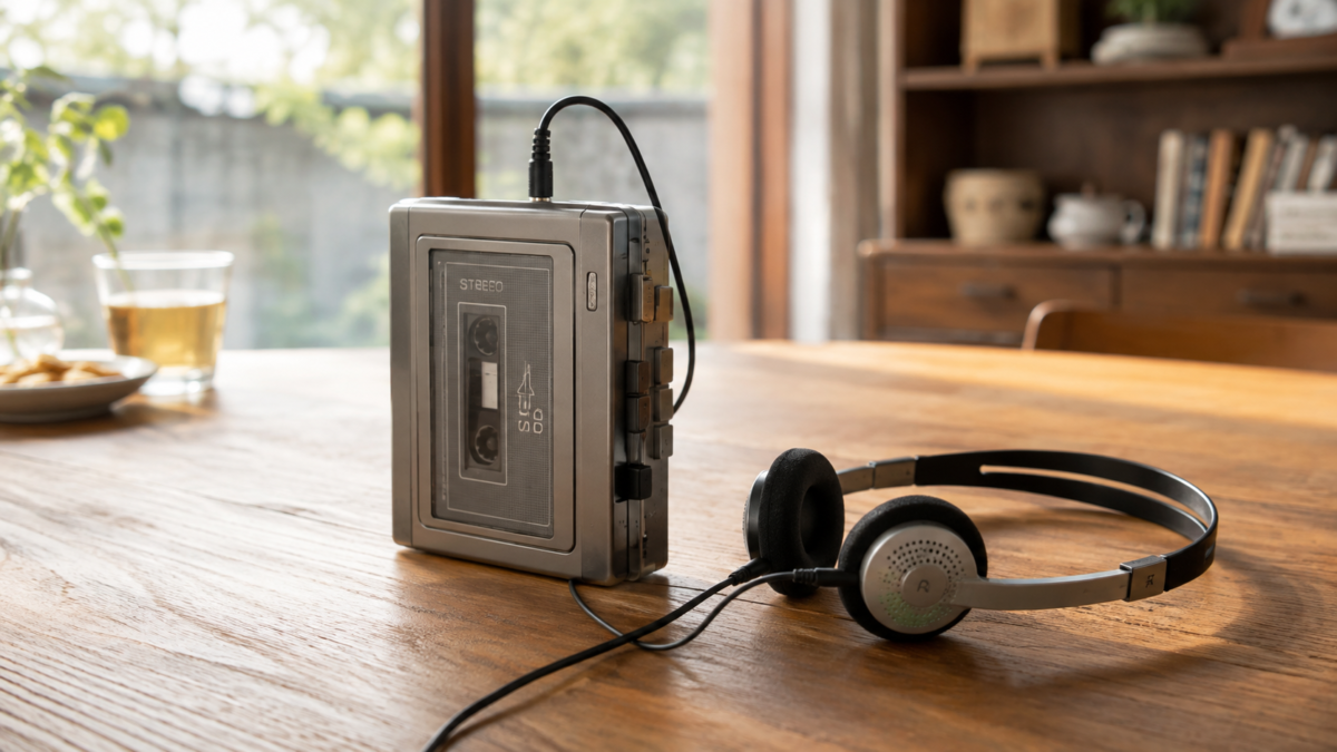 A retro portable cassette player with wired headphones on a wooden table in a bright Japanese home