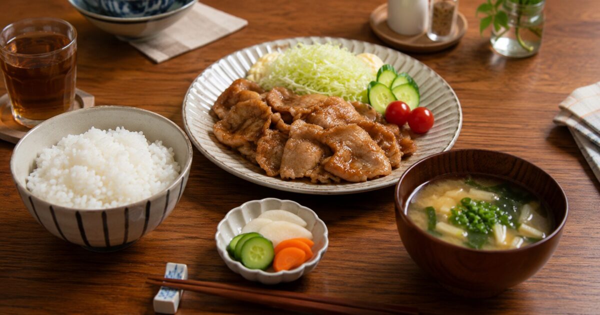 A typical Japanese home dinner with ginger pork, steamed rice, miso soup, and pickled vegetables.