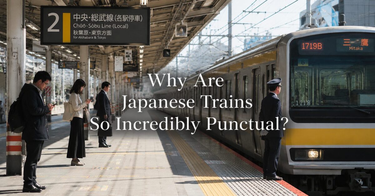 A sleek Japanese bullet train (Shinkansen) or commuter train pulling into a modern station platform, with passengers waiting in orderly lines, highlighting the incredible punctuality of Japan's railway infrastructure.